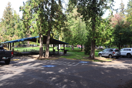 Covered picnic shelter near sports fields and accessible parking – five covered picnic shelters with grills located throughout the park